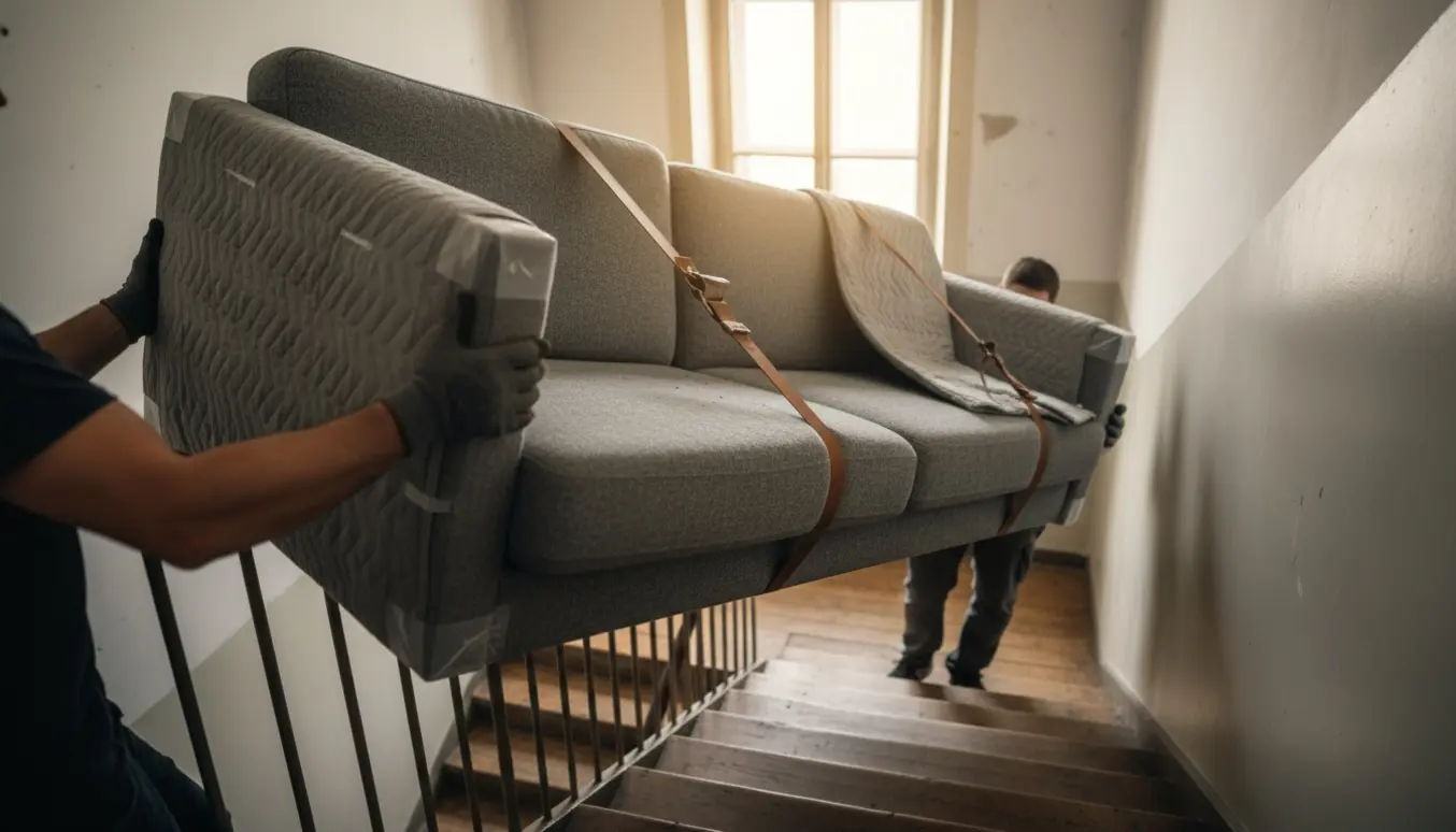 To personer bærer en lang sofa op ad en smal trappe i en ældre opgang.