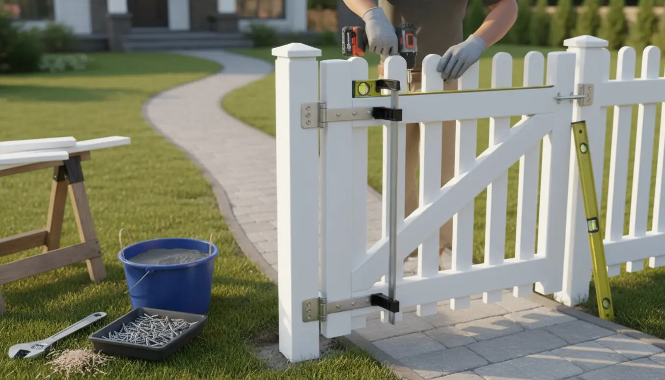 Opsætning af en hvid haveport med hængsler og værktøj klar i en velordnet forhave.