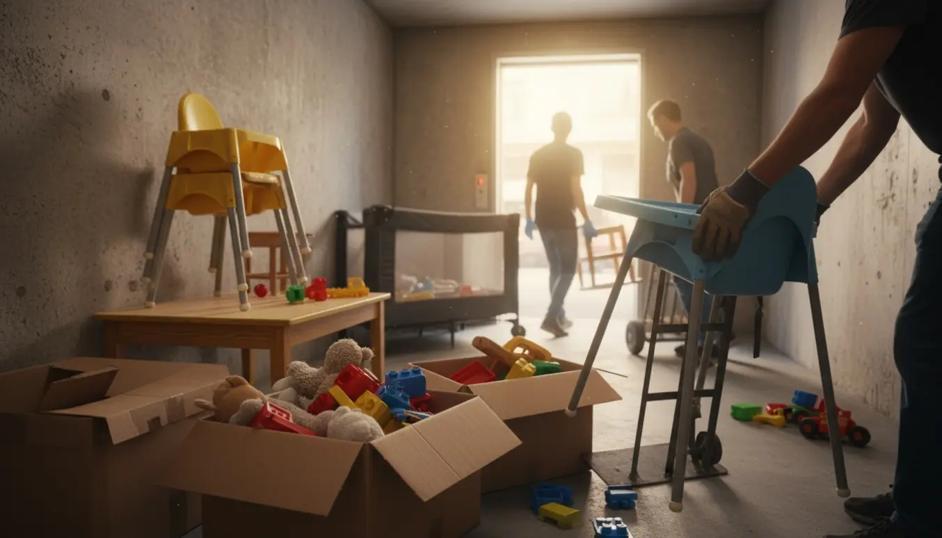 Personer bærer defekte institutionsmøbler og legetøj fra et lille kælderrum mod en elevator.