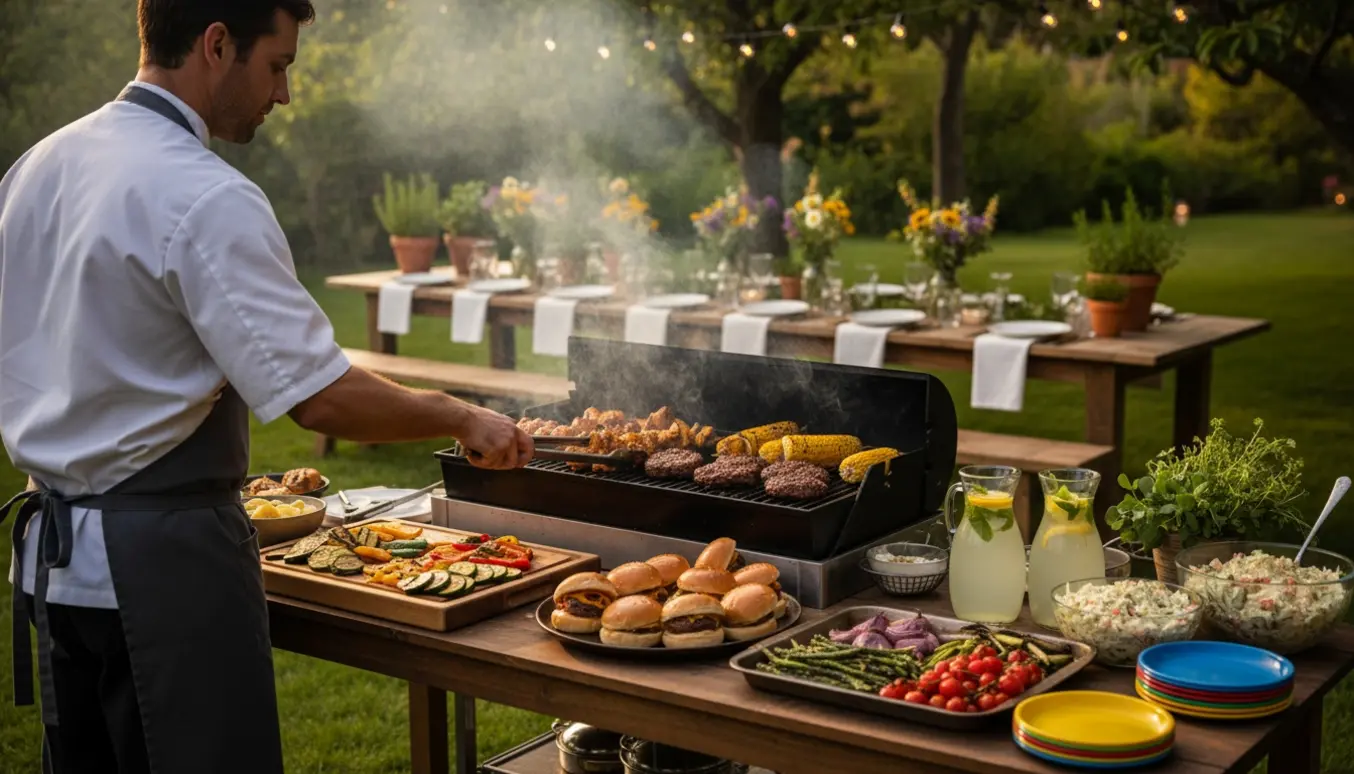 Kok forbereder grillmenu i haven med fade af grillede retter og en lang buffet klar til en stor havefest.