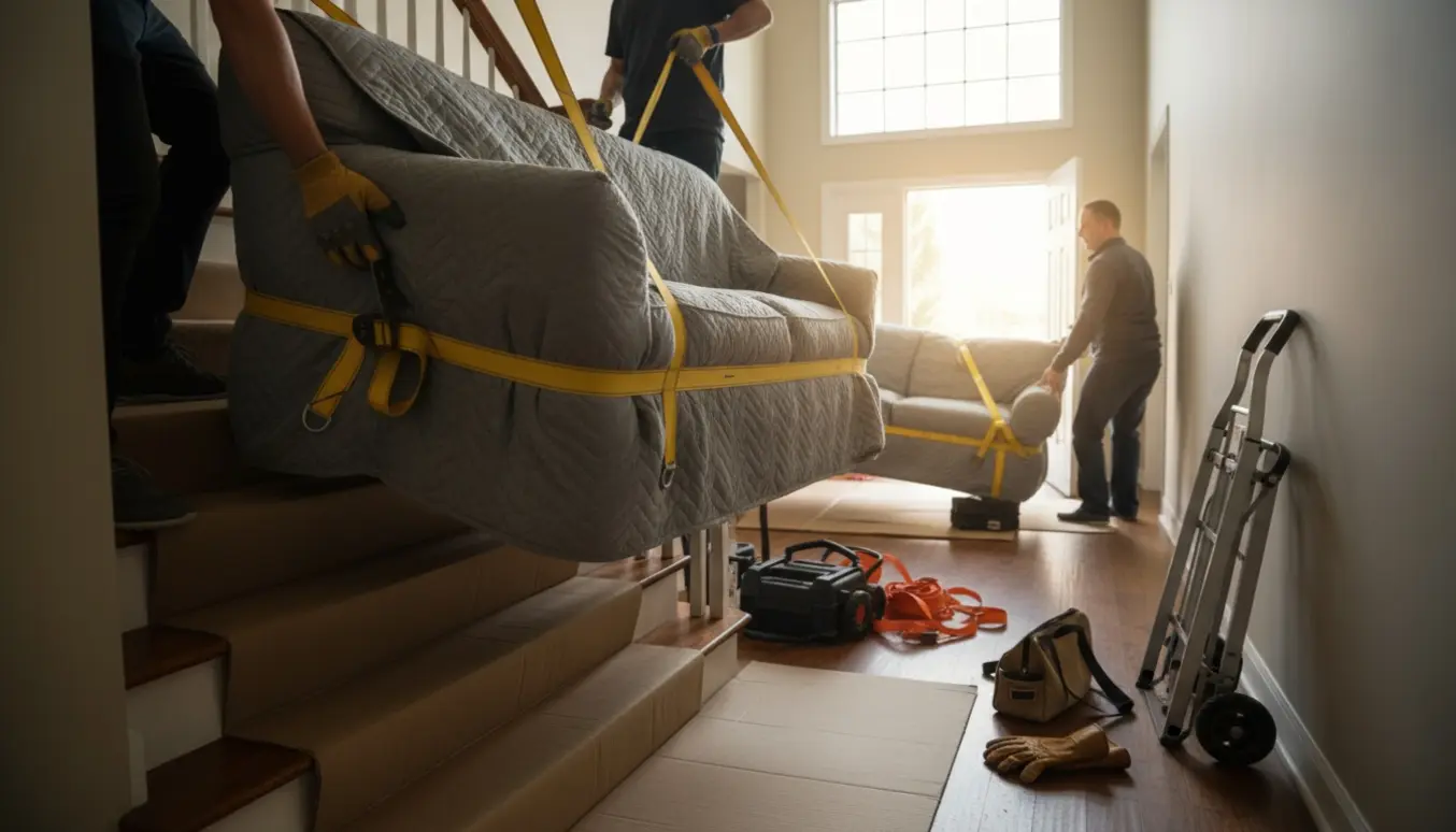 To personer bærer en sofa op ad en trappe, mens en anden sofa føres ned fra 2. sal, ansigter ikke synlige.