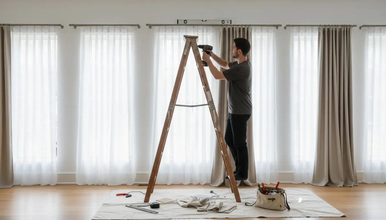 Hænder monterer dobbelte gardinstænger og ophænger net- og kraftige gardiner på seks høje vinduer i et lyst, skandinavisk rum.