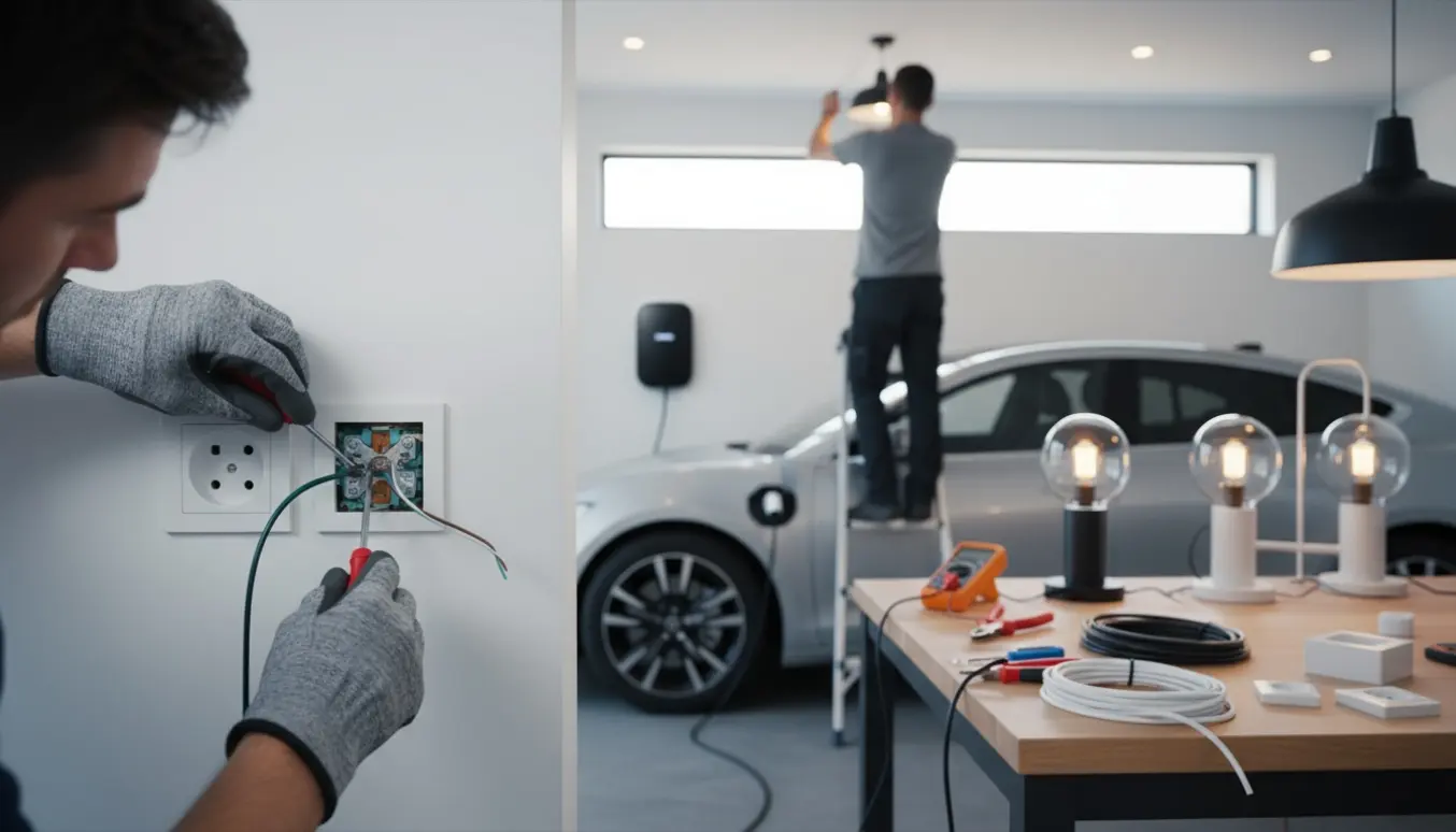 Elektriker i garage monterer lamper og stikkontakter og tilslutter en biloplader.