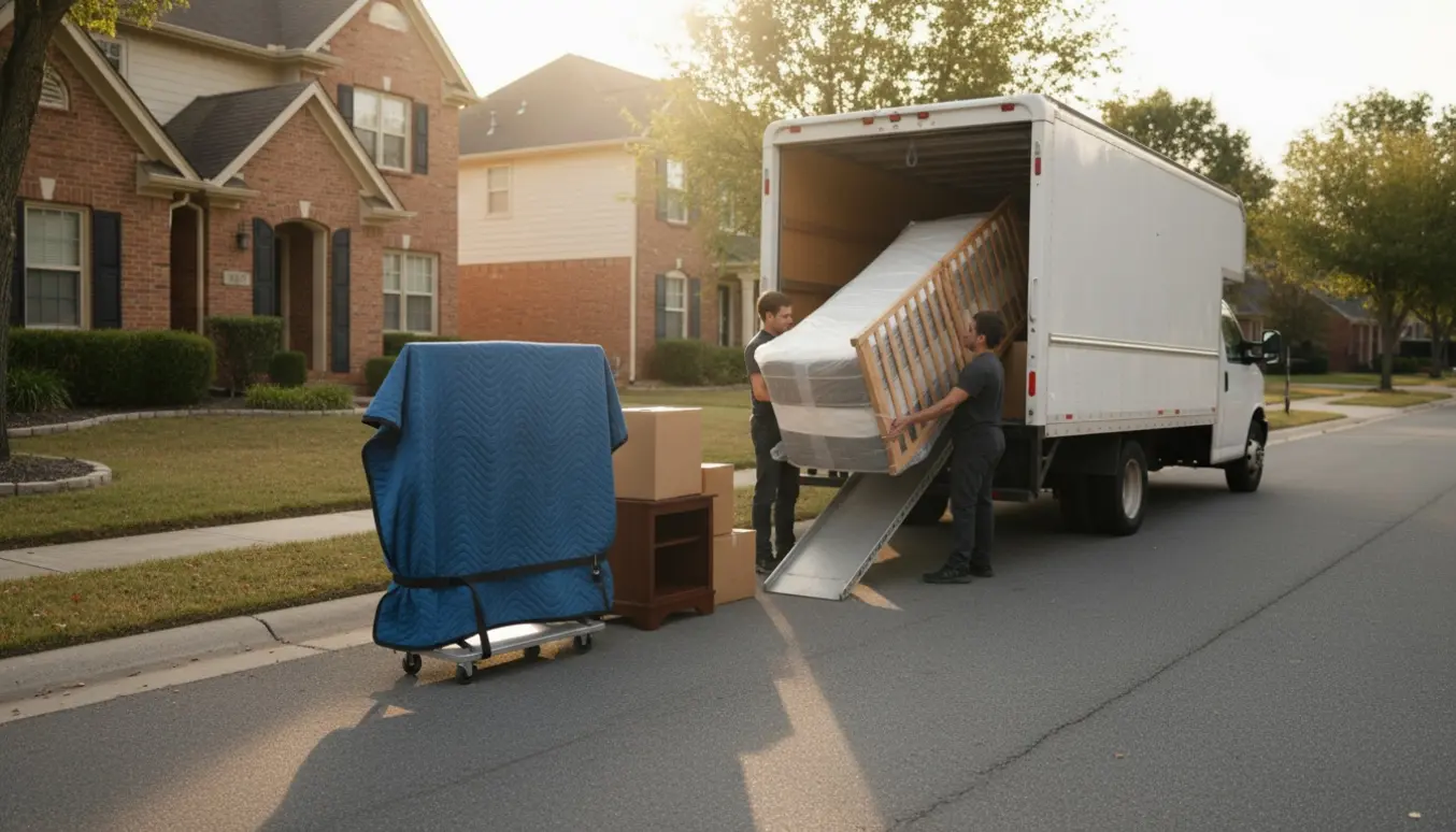 Flyttefolk læsser en indpakket seng, stort fjernsyn og et tv-bord ind i en varevogn på en stille villavej.