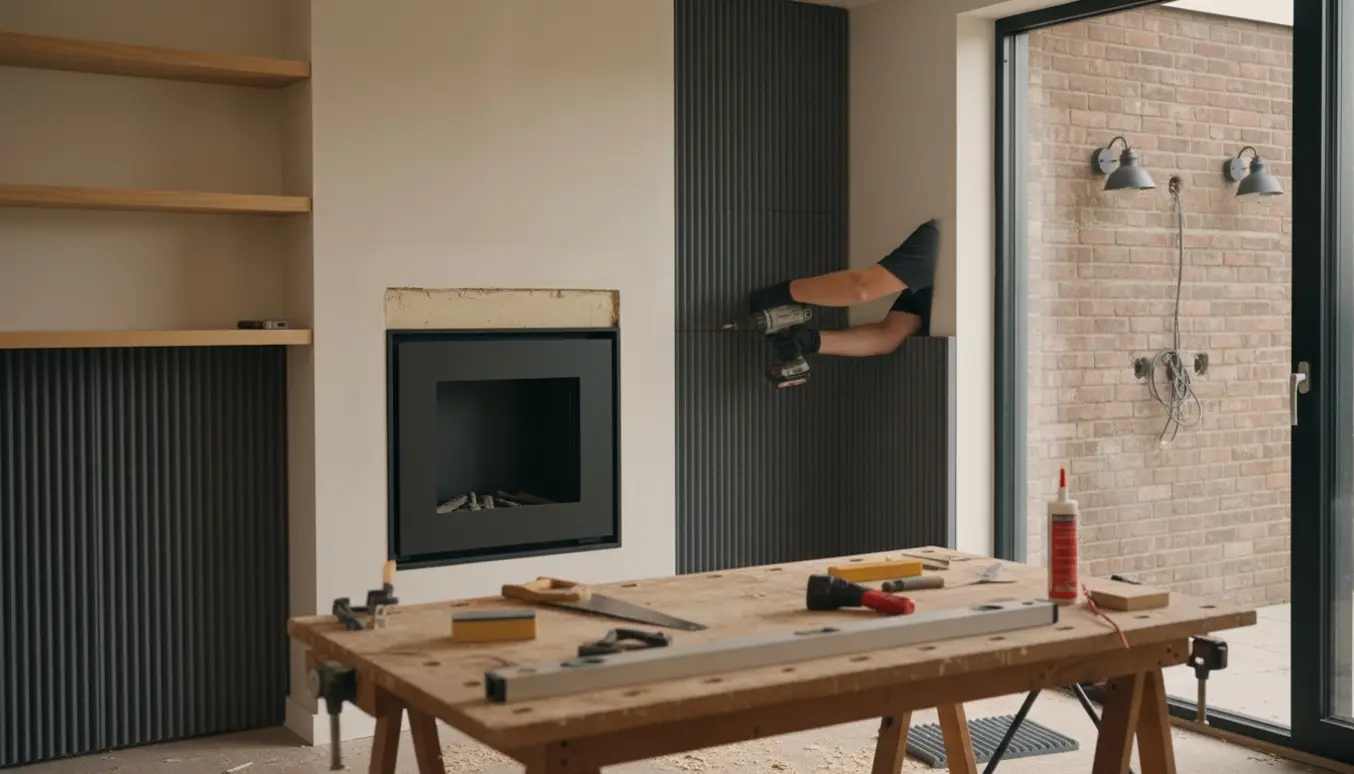 Varmt oplyst stue med biopejs, tilskårne akustikpaneler, hylder og værktøj, og udendørs lamper synlige gennem vinduet.