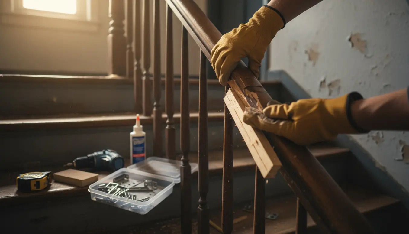 Nærbillede af reparation af et knækket gelænder i en opgang med værktøj klar på trinet.