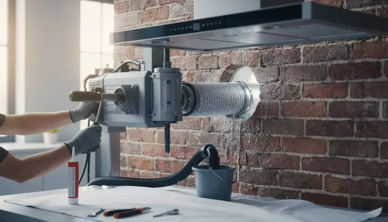 Diamantboring og tilslutning af emhætte gennem en murstensvæg set fra køkkenets side.