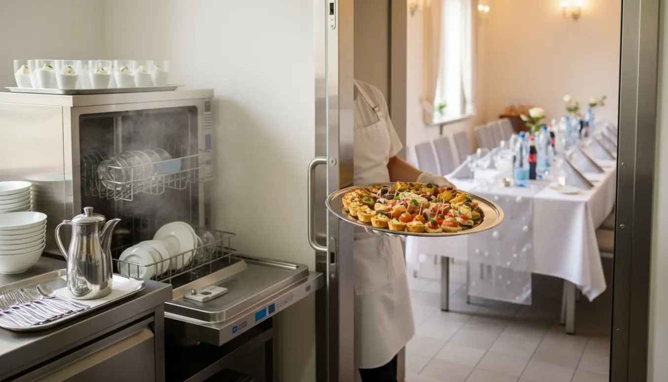 En køkkenassistent bærer et fad ud til buffet ved et sølvbryllup, med åben industriopvaskemaskine og kaffekande i baggrunden.