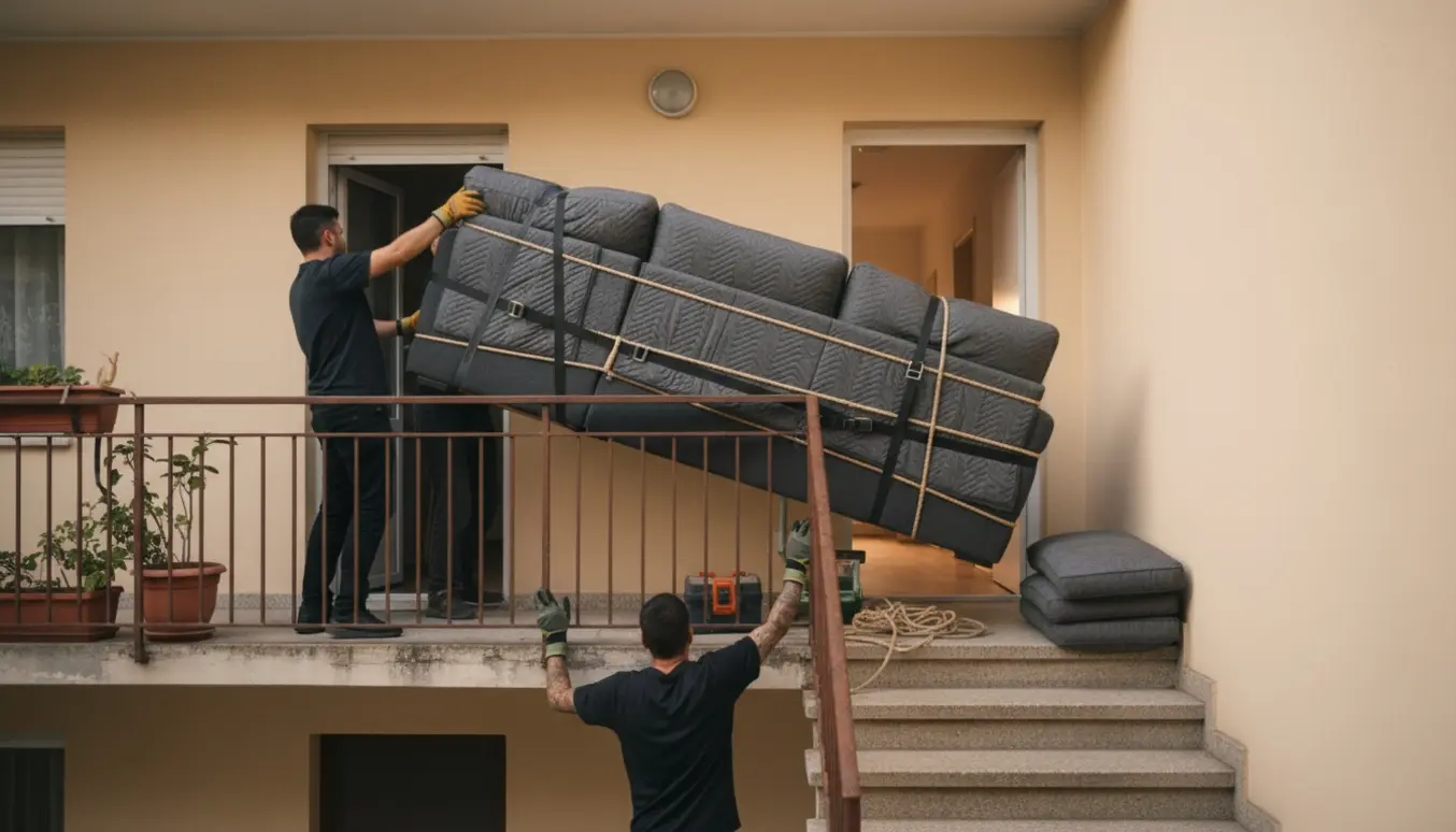 Hjørnesofa løftes ud gennem altanen fra en tredje sals lejlighed, pakket i flyttetæpper og sikret med stropper.