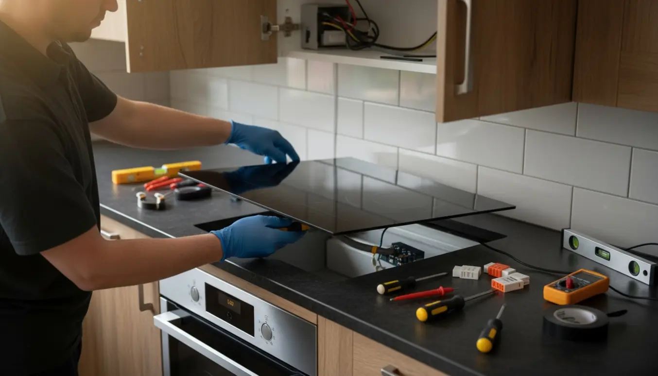 En autoriseret elektriker installerer en indbygningsinduktionskogeplade i et moderne køkken med værktøj og kabler synlige.