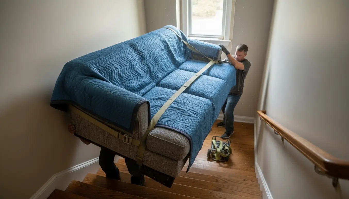 To flyttefolk bærer en stor sovesofa op ad en lejlighedstrappe pakket ind i flyttetæpper og stropper.