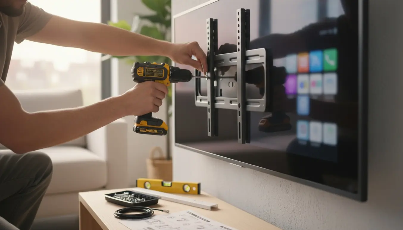 Nogen monterer et fladskærms-tv på væggen og bruger en tablet til at installere apps.