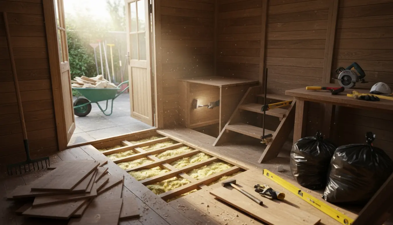Indvendigt skur med delvist fjernet trægulv, isolering, værktøj og en trappe klar til montering.