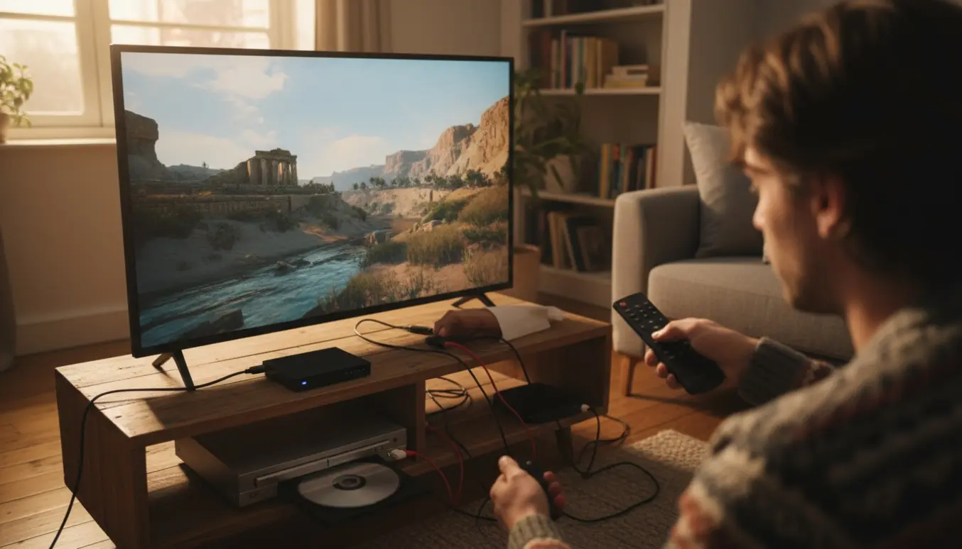 Hænder frakobler en kabel bag et stort fladskærms-tv med en tv-boks og dvd-afspiller på et mediemøbel.