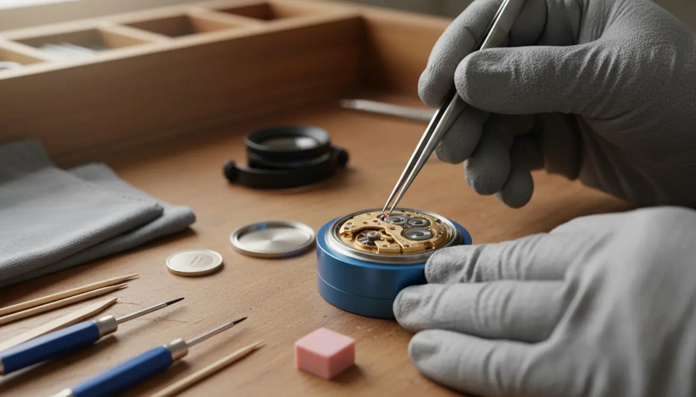 Hænder renser og smører et ældre armbåndsur med åben bagkasse på et rydeligt urmagerbord.