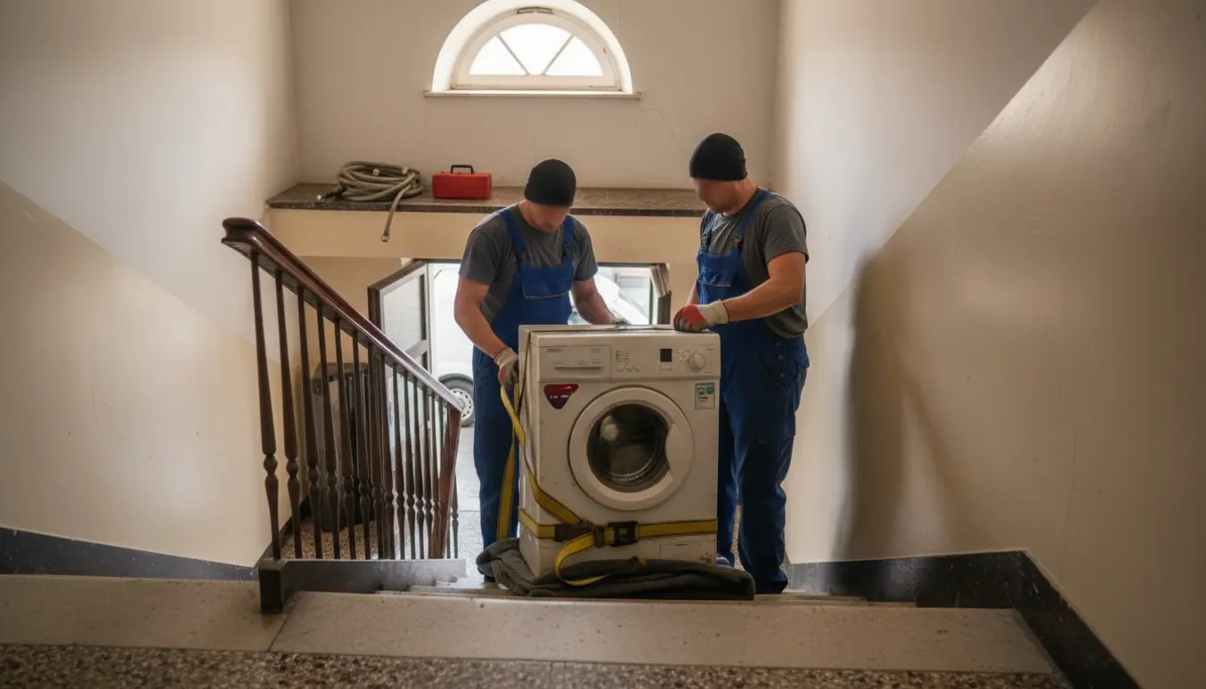 En gammel hvid vaskemaskine bæres ned ad en smal 1960'er-trappe på en transportvogn med remme, slanger og flyttetæppe.