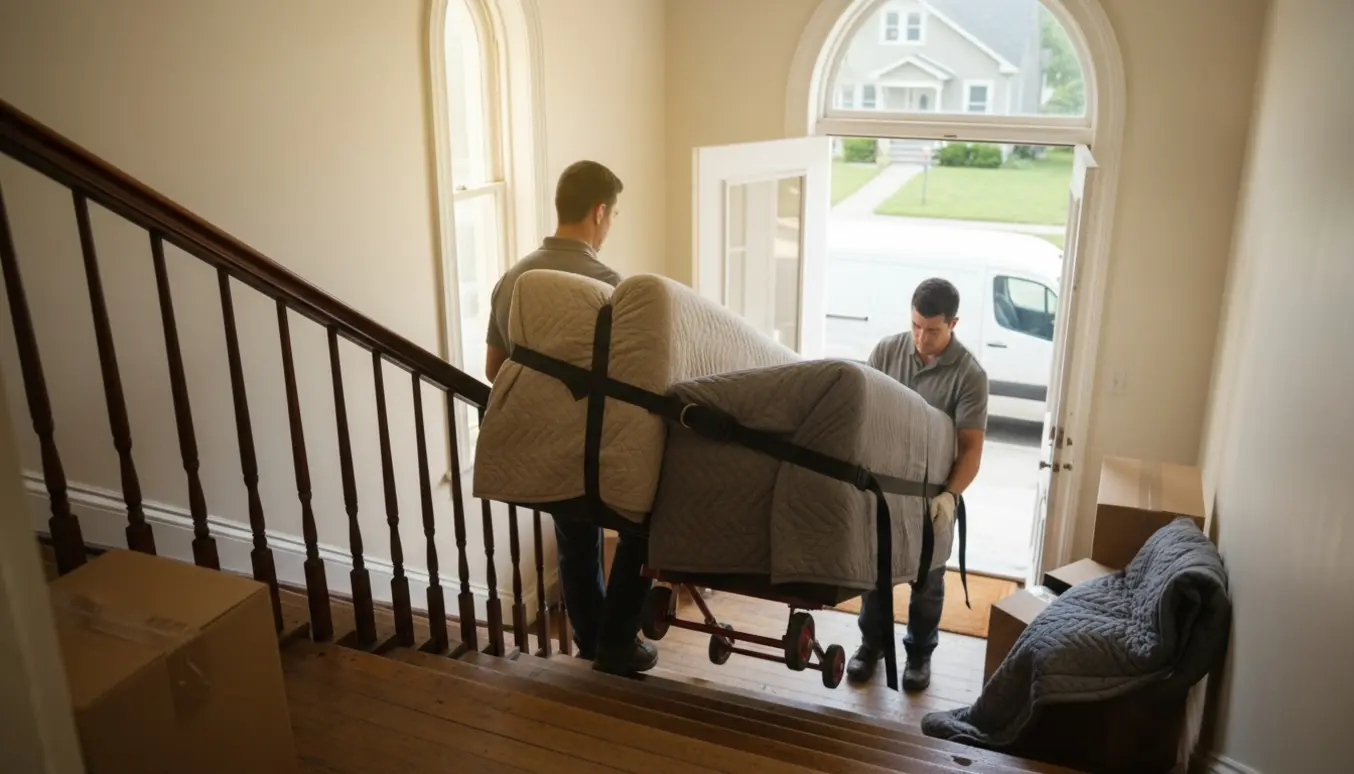 To flyttefolk bærer hver sin halvdel af en adskilt sovesofa ned ad en smal trappe, omgivet af flyttekasser og flyttetæpper.