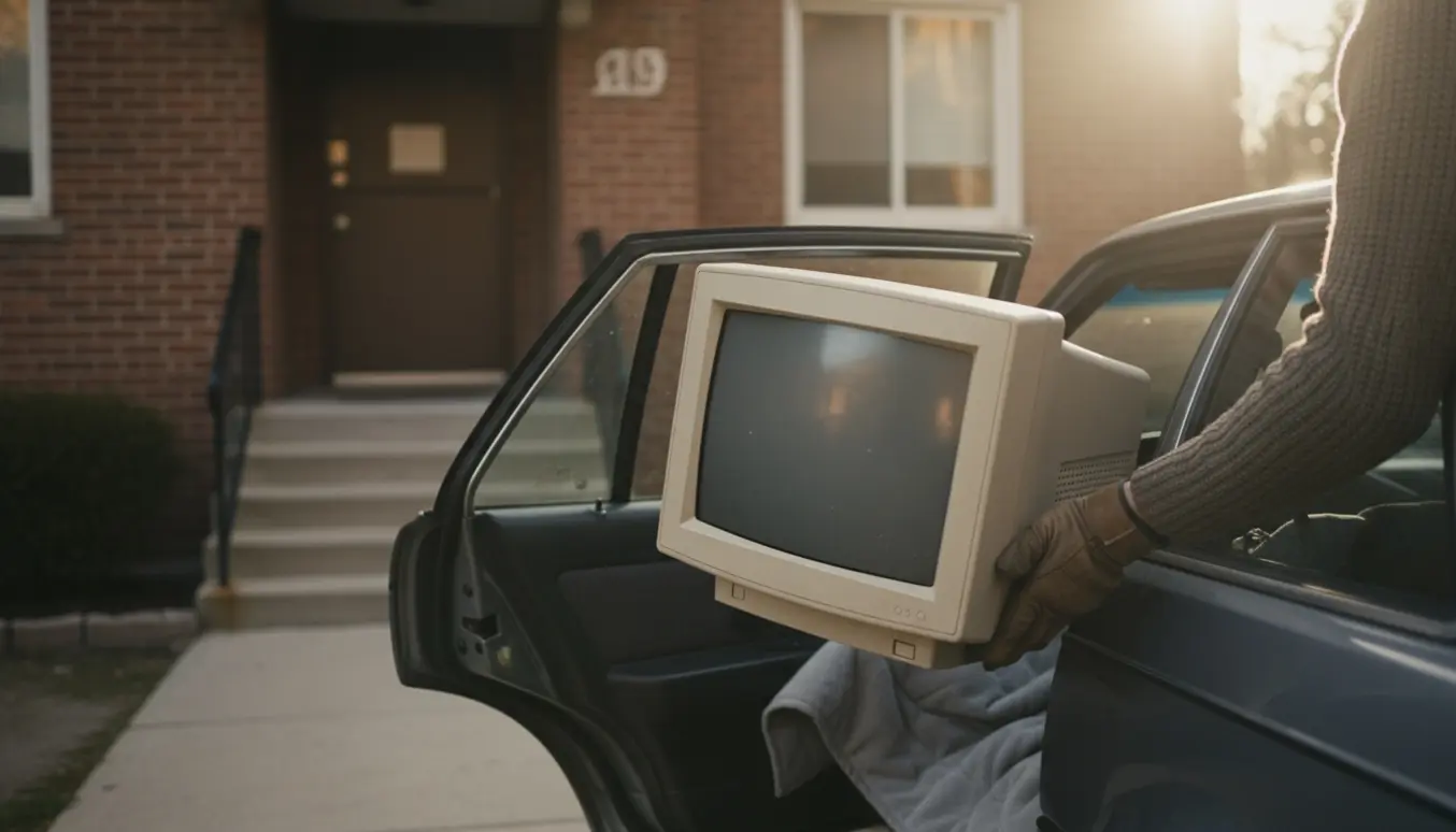 En person læsser en tung, gammeldags CRT-monitor ind på bagsædet af en bil ved en lejlighedsindgang.