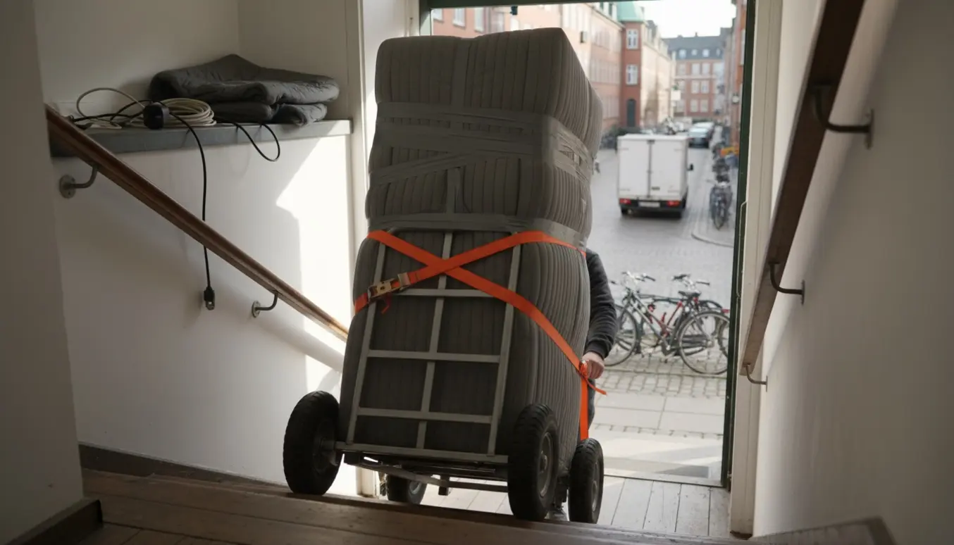 Et indrammet foto af et køle/fryseskab og komfur på dolly i en smal trappeopgang på vej ud til en varevogn på gaden.