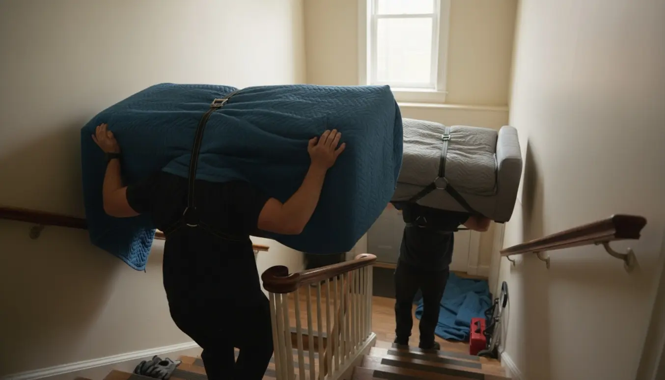 To personer løfter to sofaafsnit op ad en trappe i en lejlighedsopgang, ansigter ikke synlige.