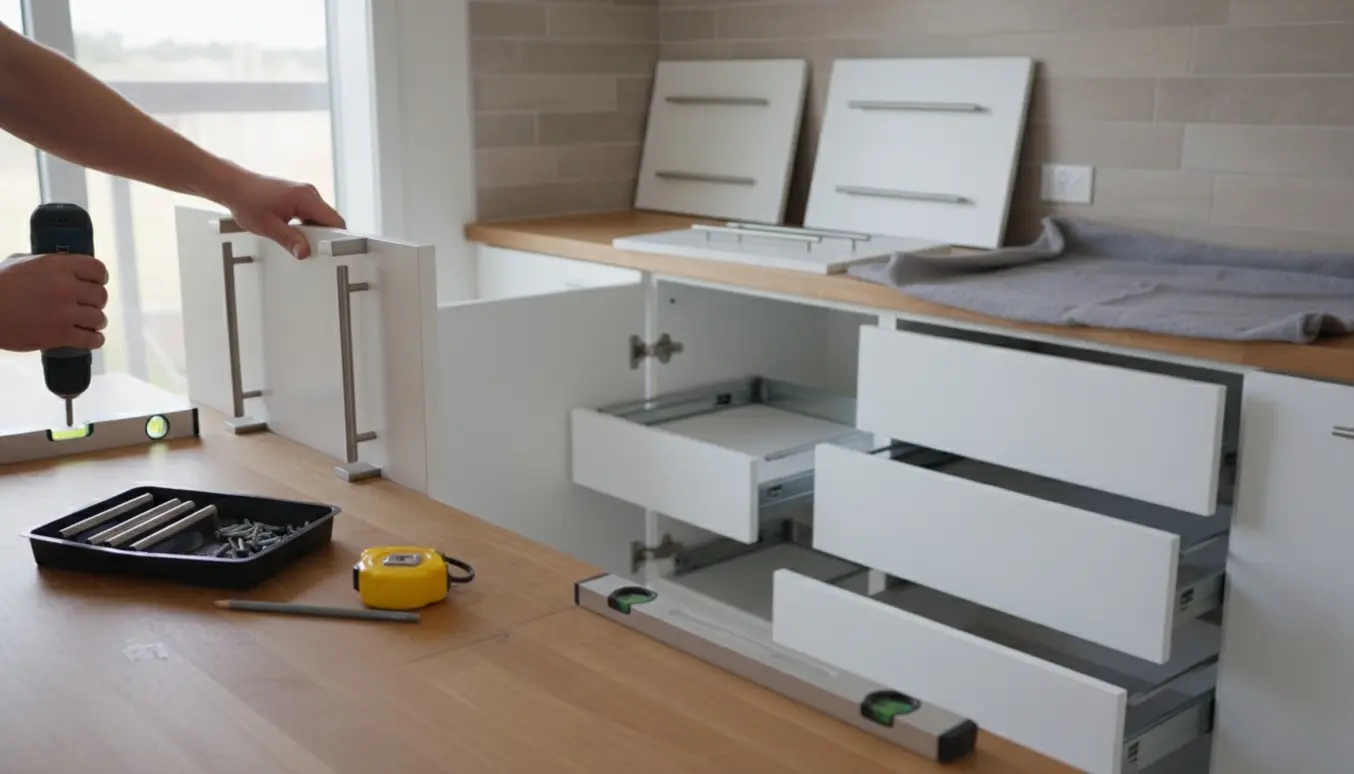 Nærbillede af hænder, der monterer køkkengreb med værktøj og nye låger og skuffer i et moderne køkken.