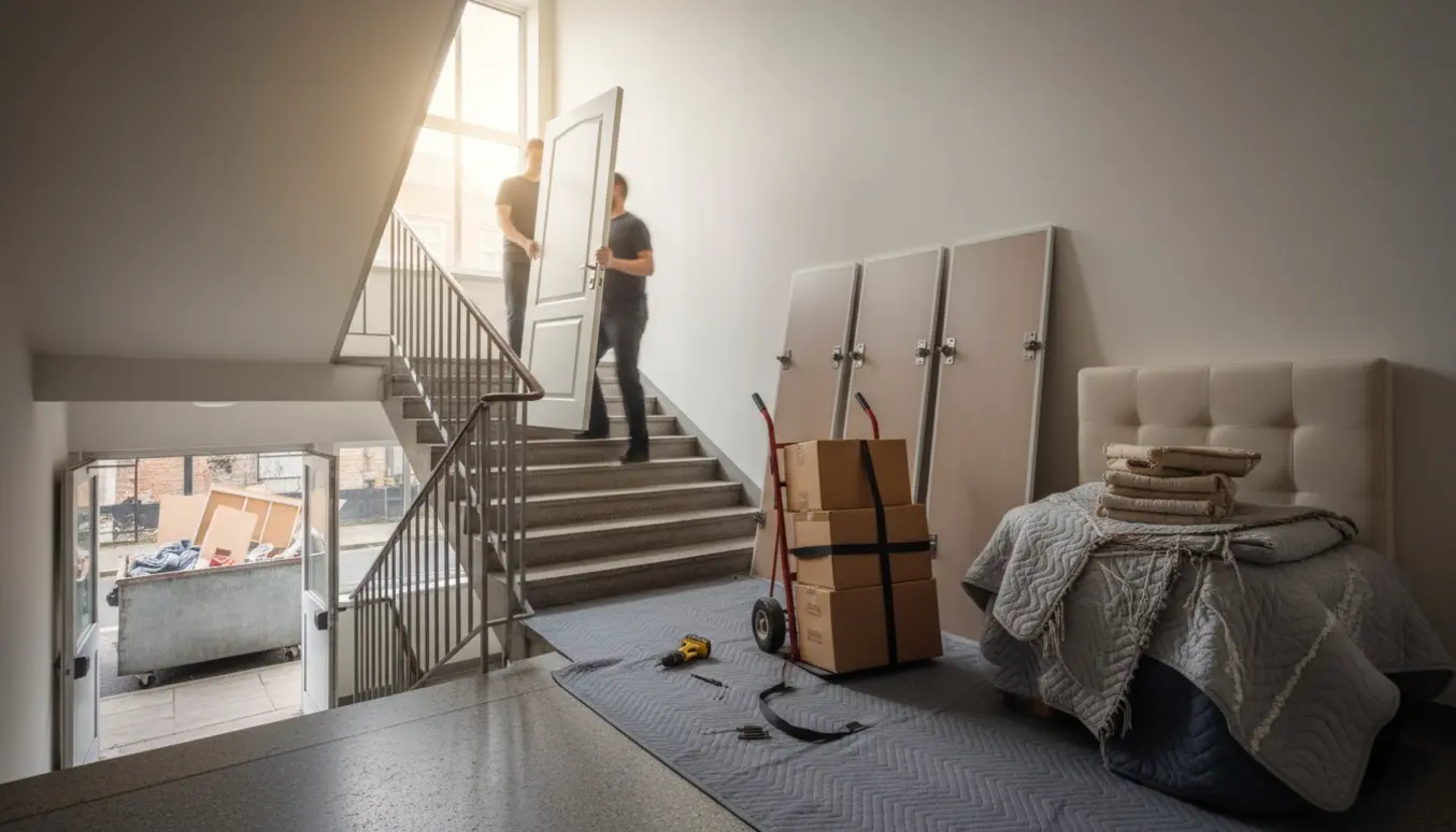 Flyttefolk bærer en dør op ad en trappe, mens adskilte garderobestykker, møbler og flyttekasser står klar ved en container.