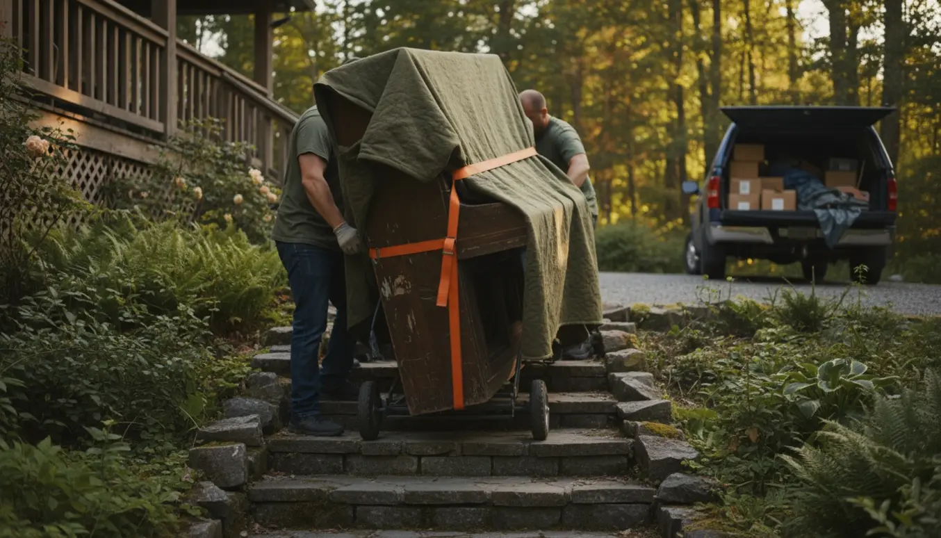 Et tungt, gammelt klaver løftes op ad en udendørs trappe af flere personer med flyttetæpper og stropper.