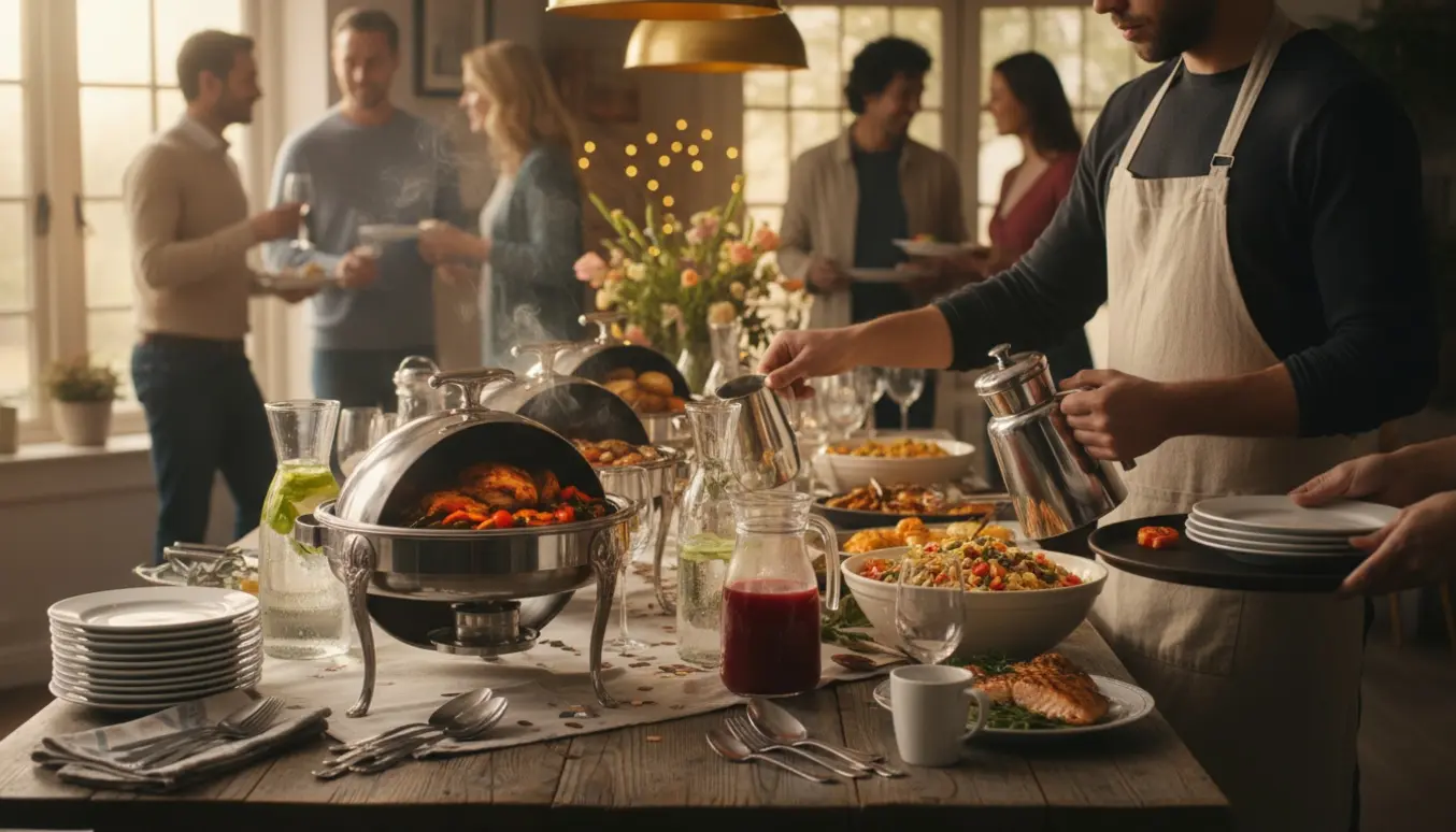 En serveringshjælper i forklæde anretter buffet, fylder drikkevarer op og laver kaffe ved en fest.