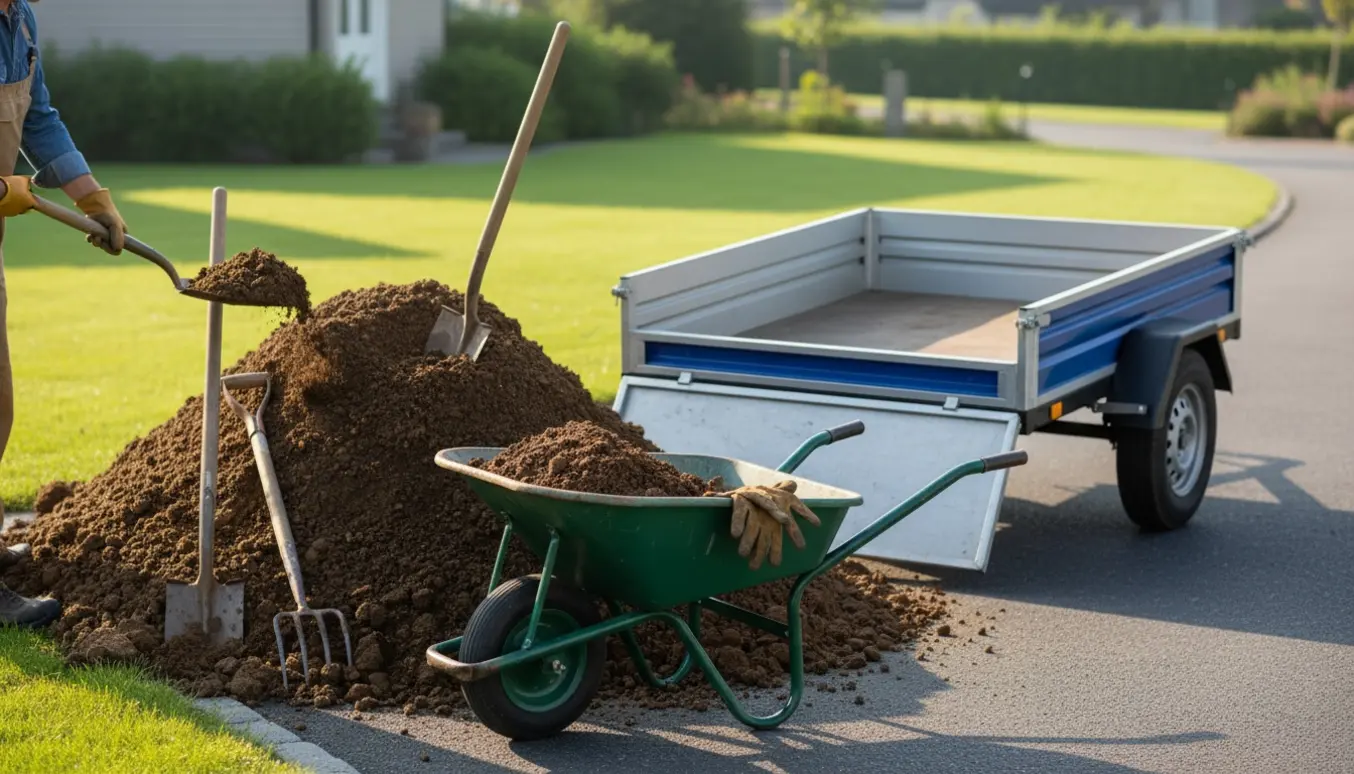 Trailer parkeret ved en bunke jord med skovl, trillebør og handsker klar til at blive læsset.