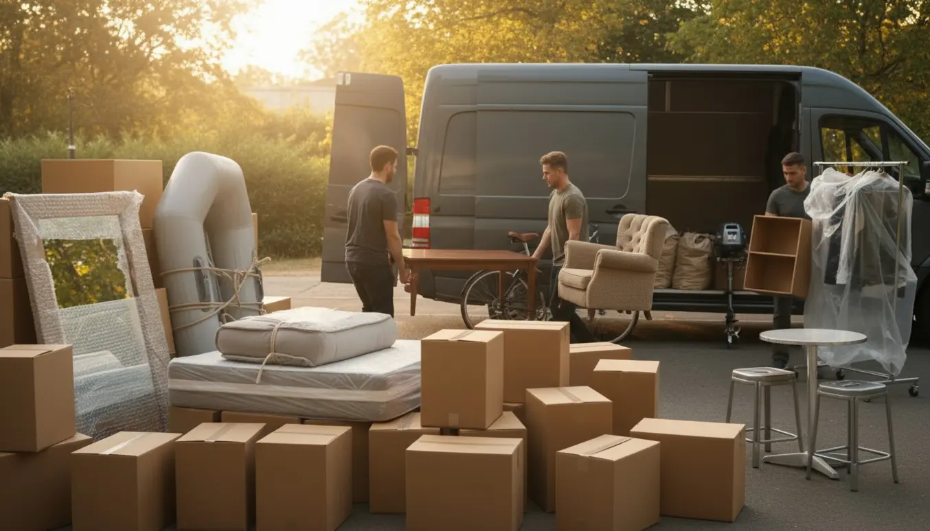 Flyttefolk bærer møbler, stablede kasser og rullede madrasser fra en lejlighed ud til en flyttebil i blødt dagslys.