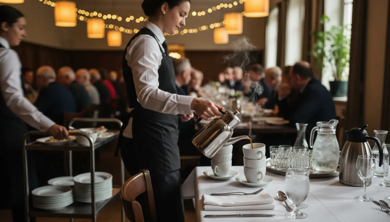 En tjener hælder kaffe ved et dækket bord under en varm oplyst fest.