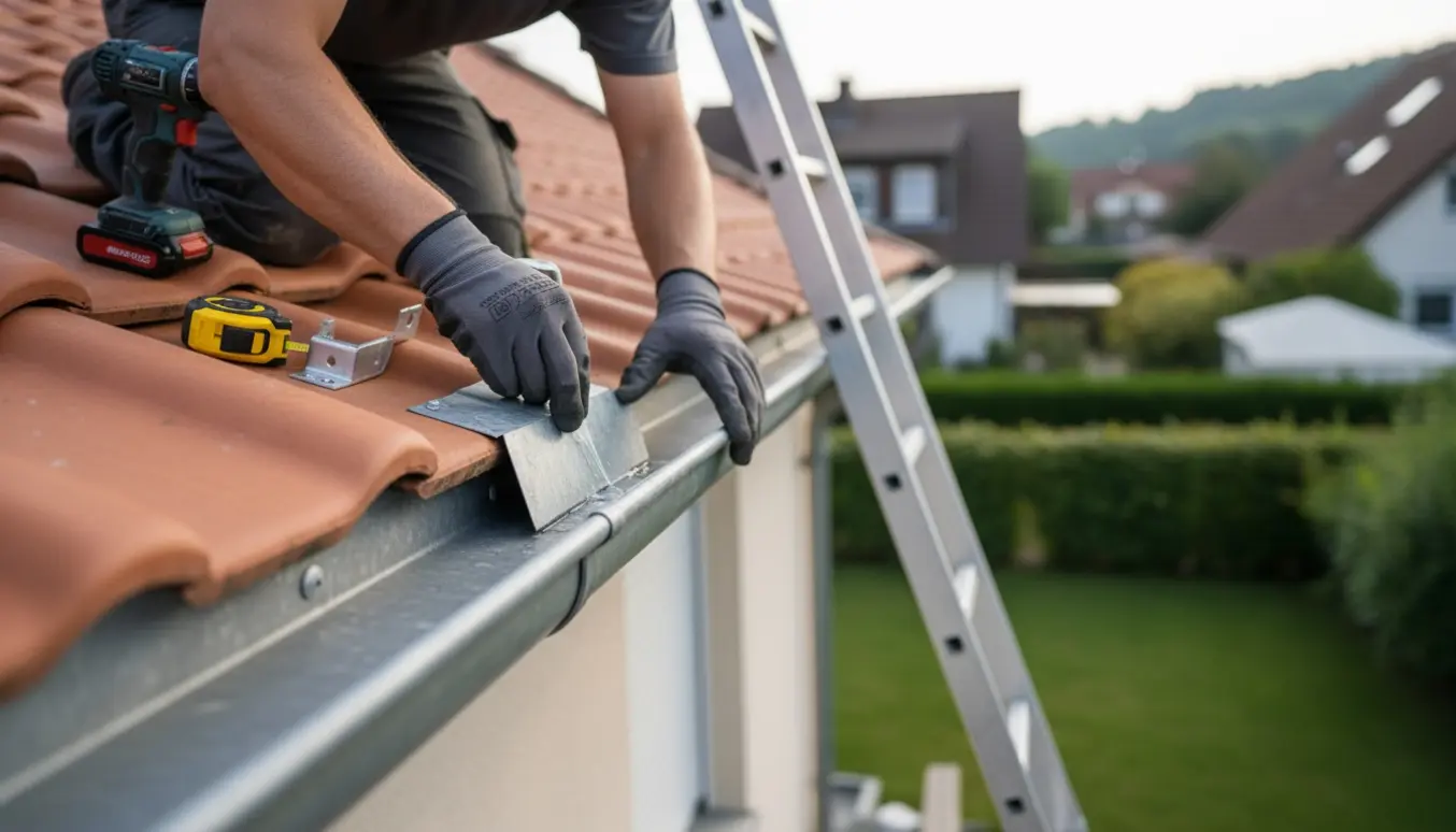 Håndværker reparerer en utæt matgrå zink-tagrende fra en stige.