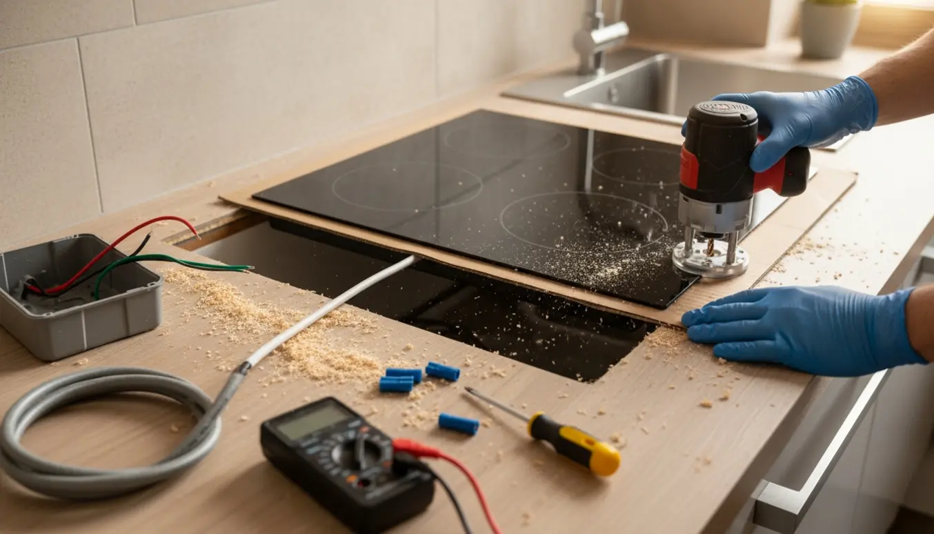 Elektriker fræser køkkenbord for at sænke en indbygningskogeplade med synlige kabler og værktøj.