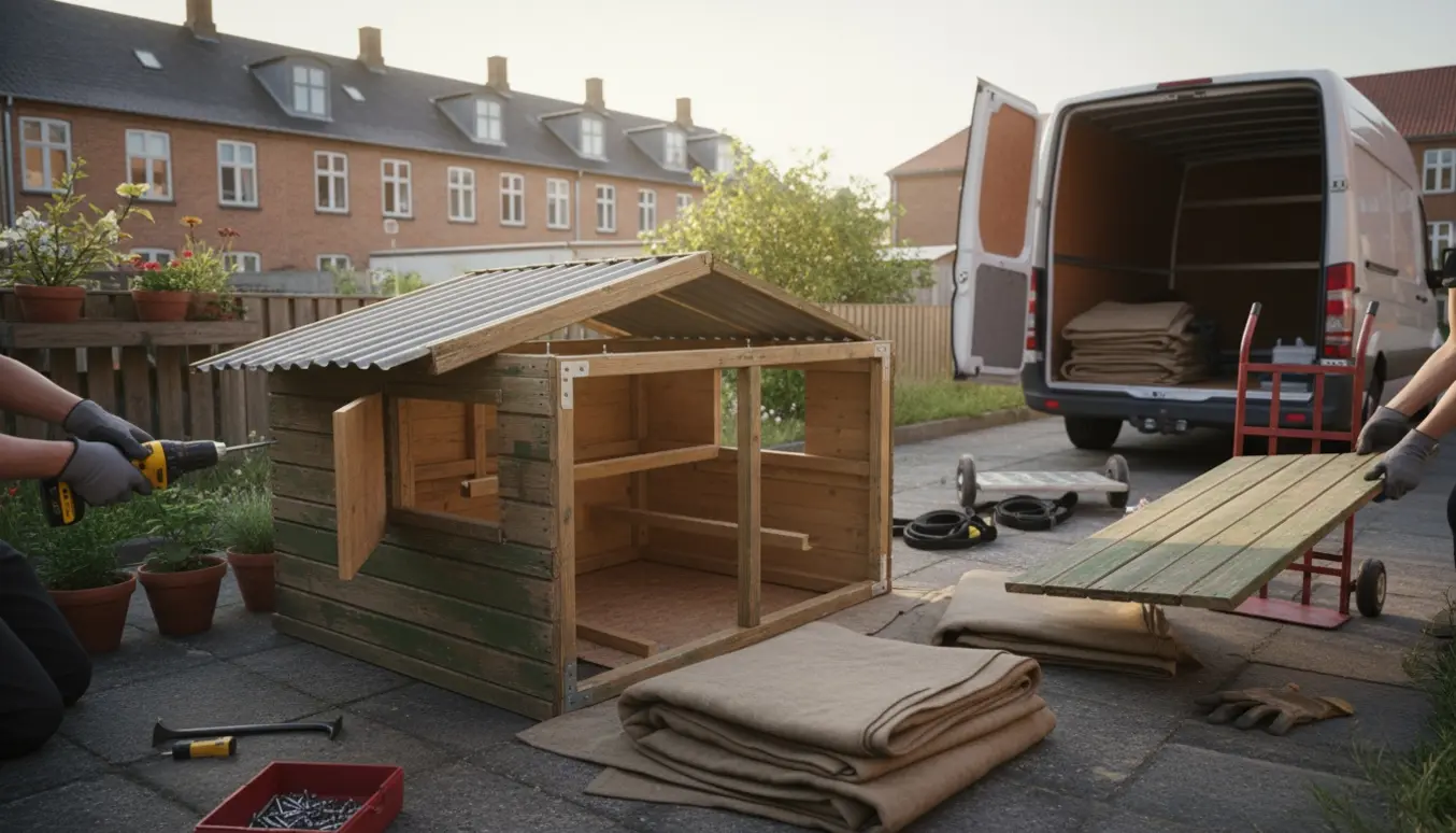 Demontering af et lille trælårhønsehus i en Valby-baghave, klar til transport med varevogn.