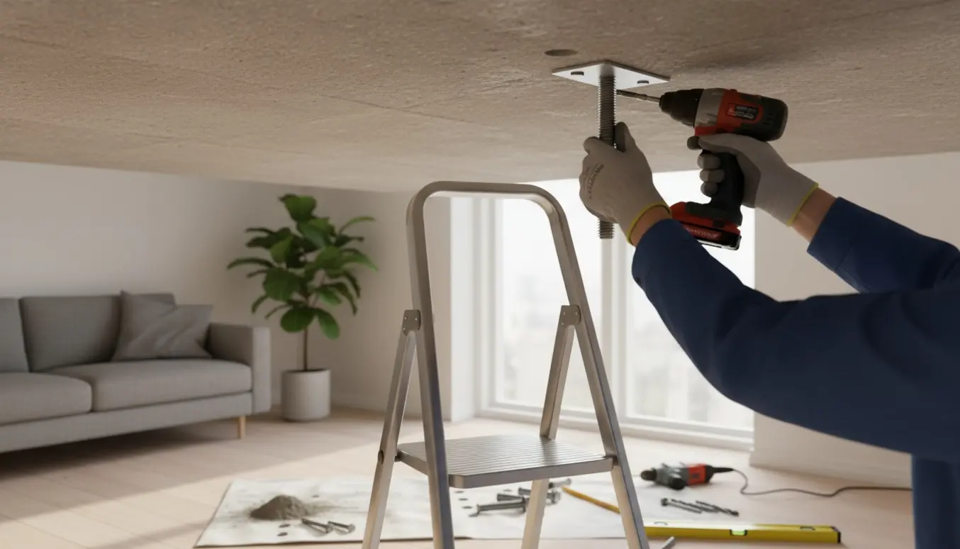 Hænder monterer en pull-up bar i et betonloft med ekspansionsbolte i en lys lejlighed.