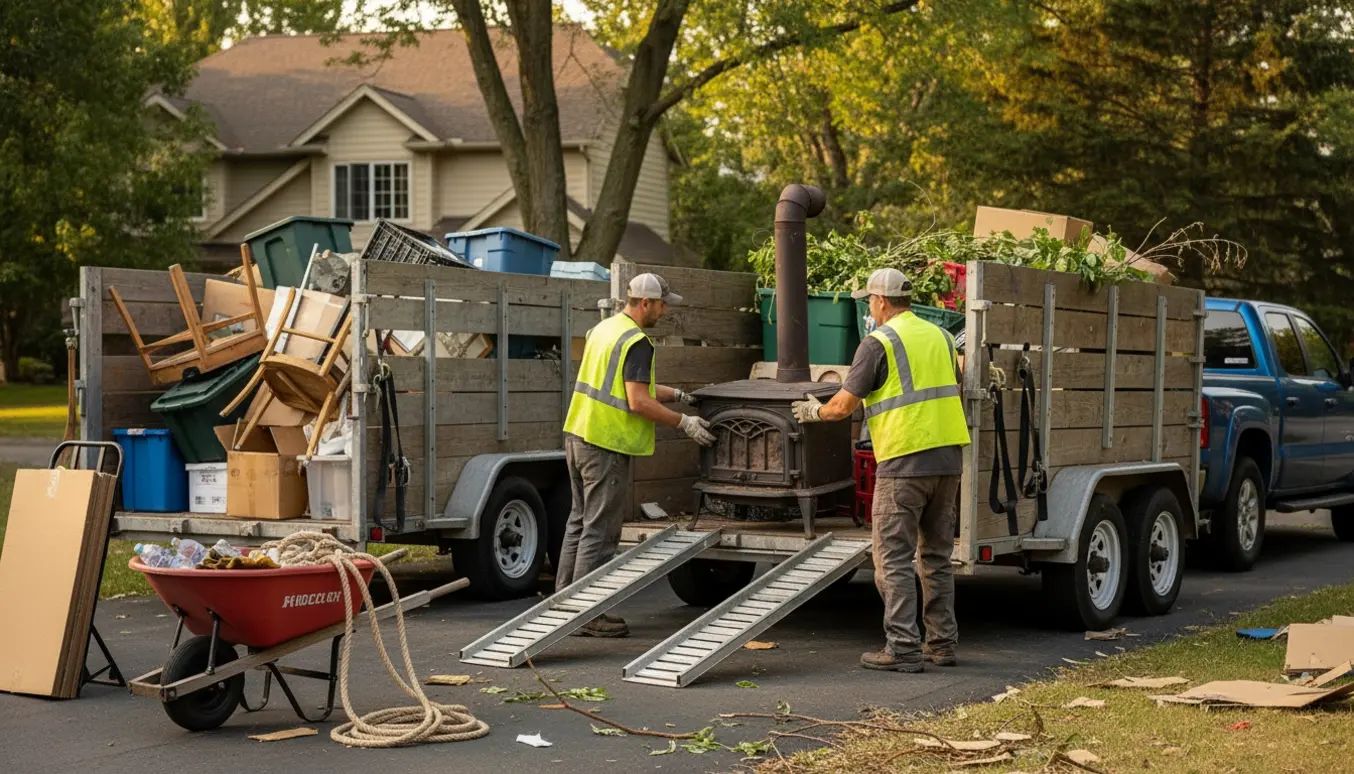 To personer læsser en gammel brændeovn og blandet affald på trailere i en indkørsel.