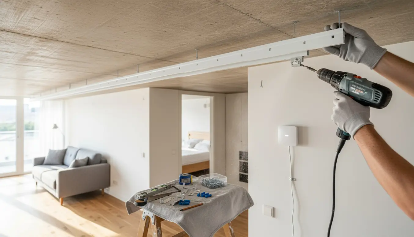 Hænder monterer hvide loftsgardin skinner i betonloft med værktøj og en trådløs Wi‑Fi-enhed på væggen.