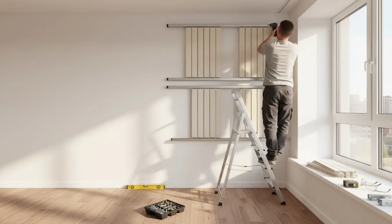 Montør genmonterer lamelgardinskinner i en lys lejlighed med værktøj og beslag.