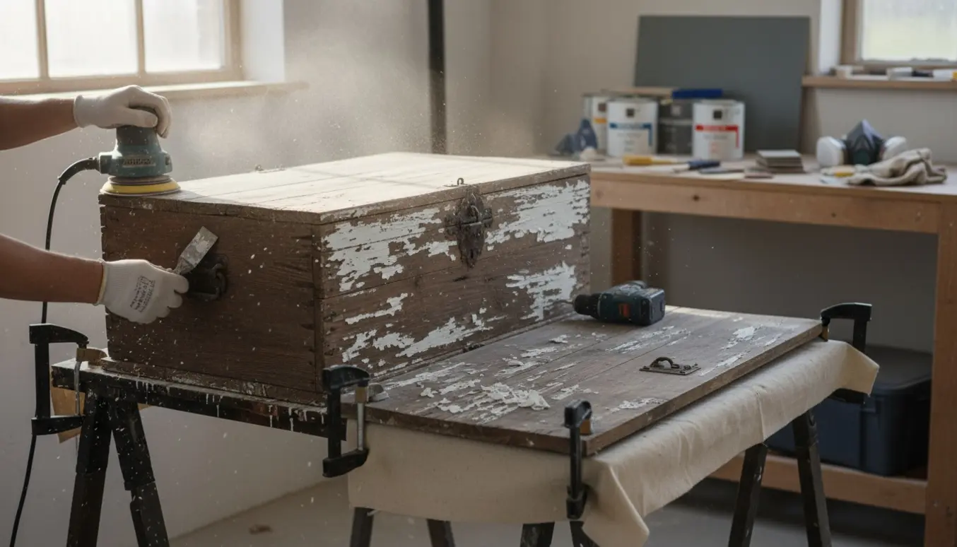 Skibskiste på værksted, hvor der slibes, spartles og klargøres til montering af lås og grå maling.