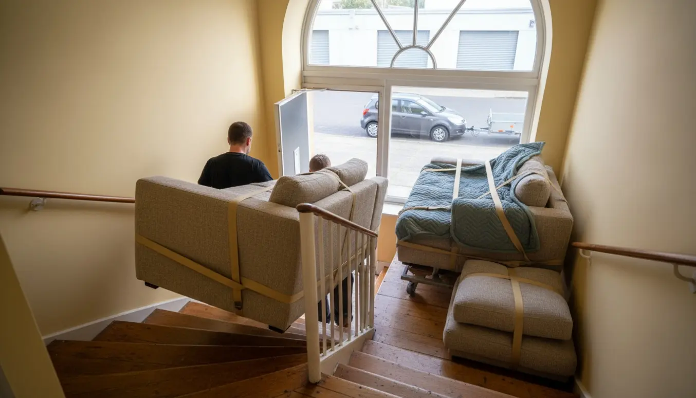 Tre sofaelementer bæres ned ad en smal vindeltrappe mod en parkeret bil med trailer, med puder og flyttetæpper samlet klar til opbevaring.