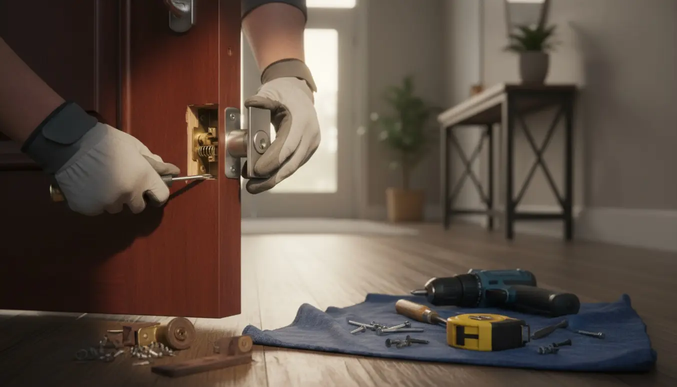 Hænder udskifter en dørlås på en trædør med værktøj i naturligt lys.