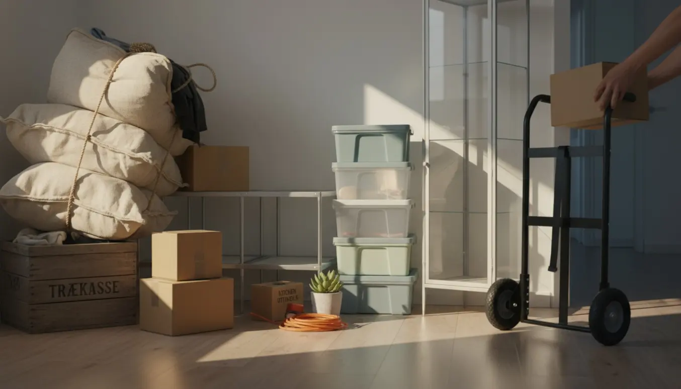 Flyttehjælp‑scene med tøjposer, papkasser, plastikbokse, reoler og en rullevogn i en lys entré.