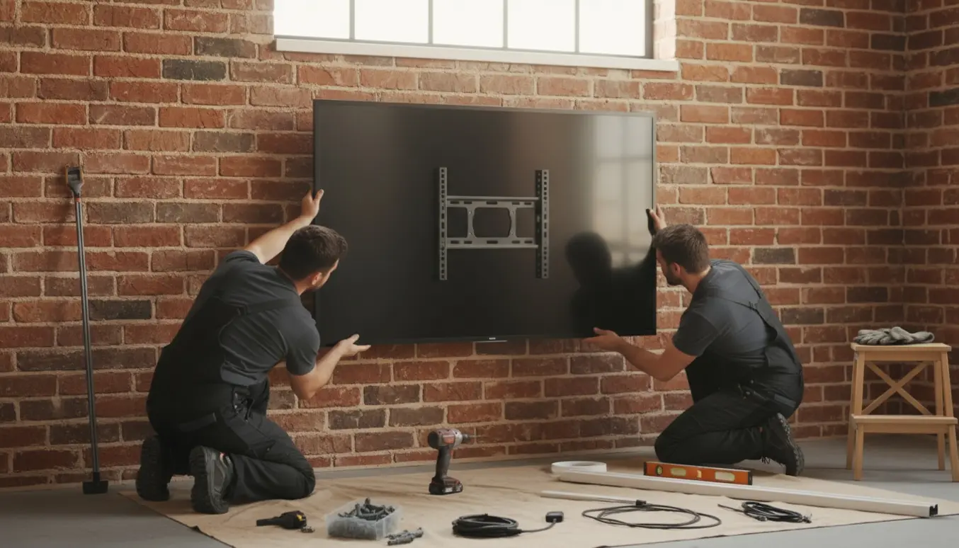 To personer monterer en Samsung Flip Pro 65" touchskærm på en murstensvæg i et lyst mødelokale, ansigter ikke synlige.