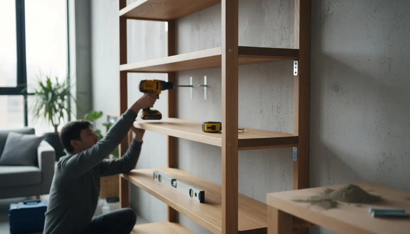 Hænder monterer en stor træreol på en rå betonvæg med borehammer og vaterpas.