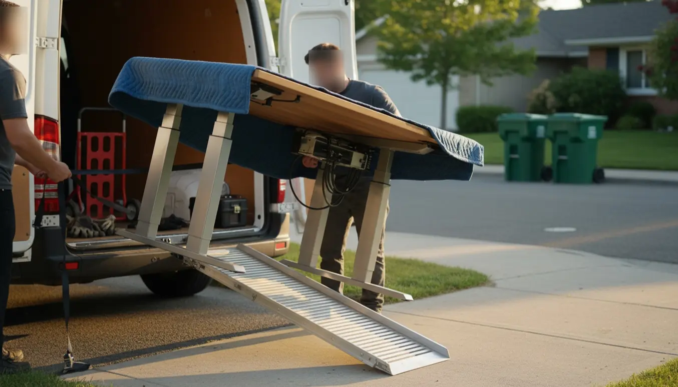 Varevogn læsser et tungt hæve‑sænkebord pakket i flyttetæpper på en eftermiddag.