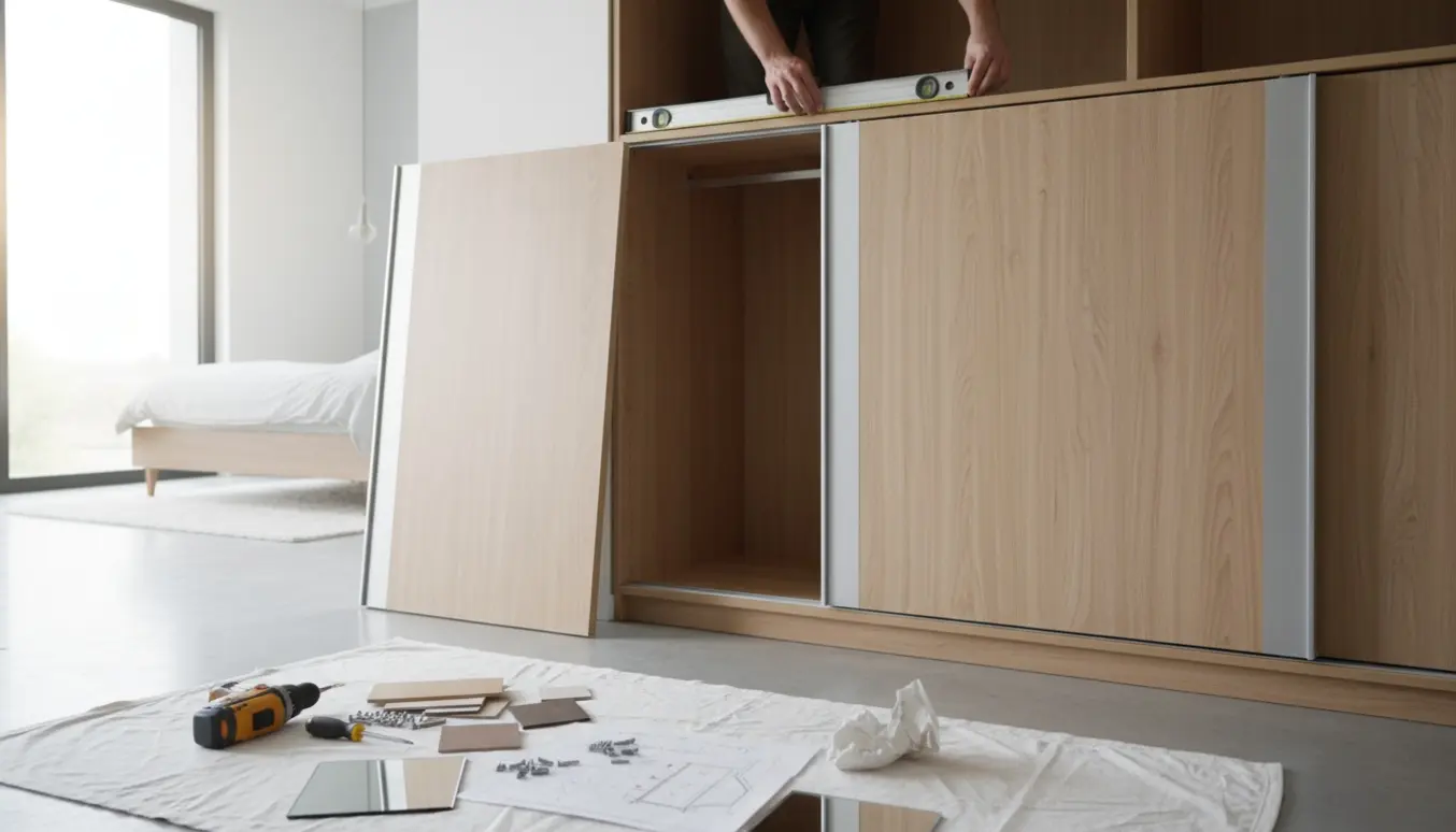 Hænder måler en garderobeåbning med dørpaneler, skinner og værktøj klar til montering.