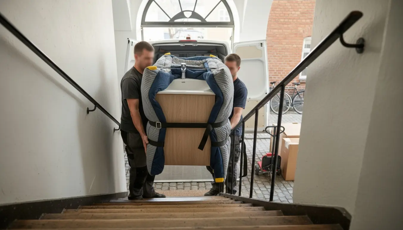 To personer bærer et indpakket toiletbord ned ad en smal opgang mod en flyttebil på en brostensbelagt gade.