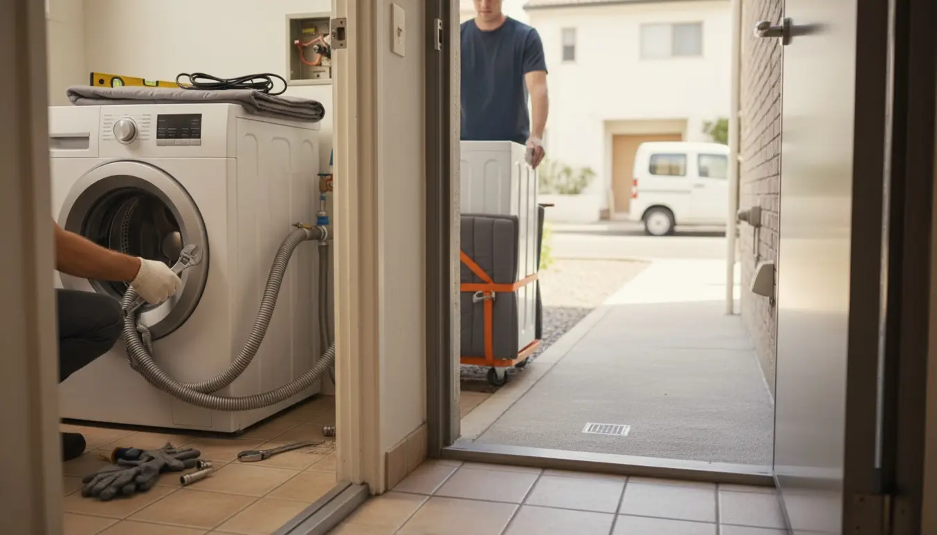 To personer uden synlige ansigter flytter en hvid vaskemaskine-tørretumbler mellem to huse med en håndtruck og værktøj.