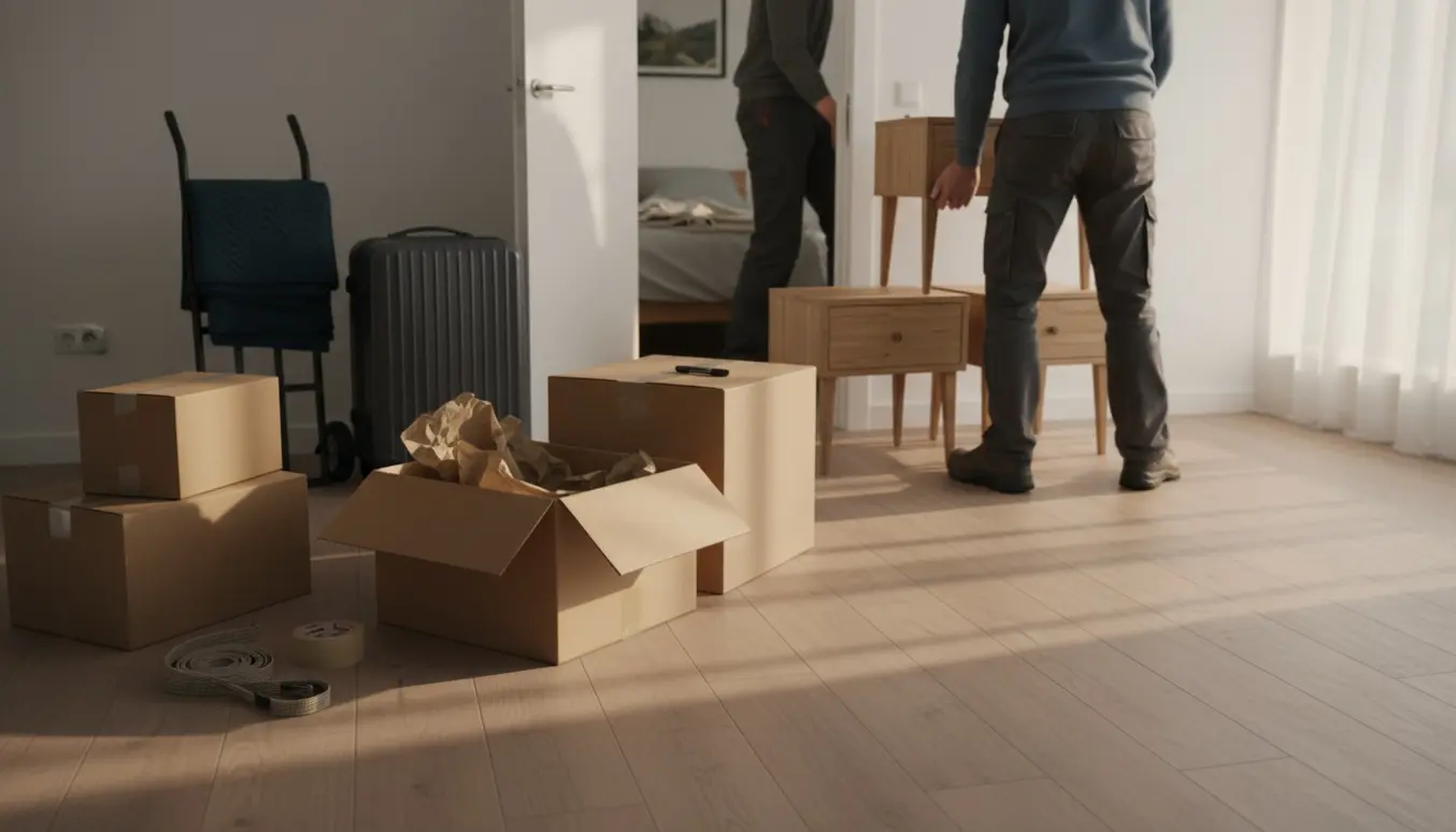 To sengeborde, en kuffert og flere flyttekasser i en lys entré under en flytning.