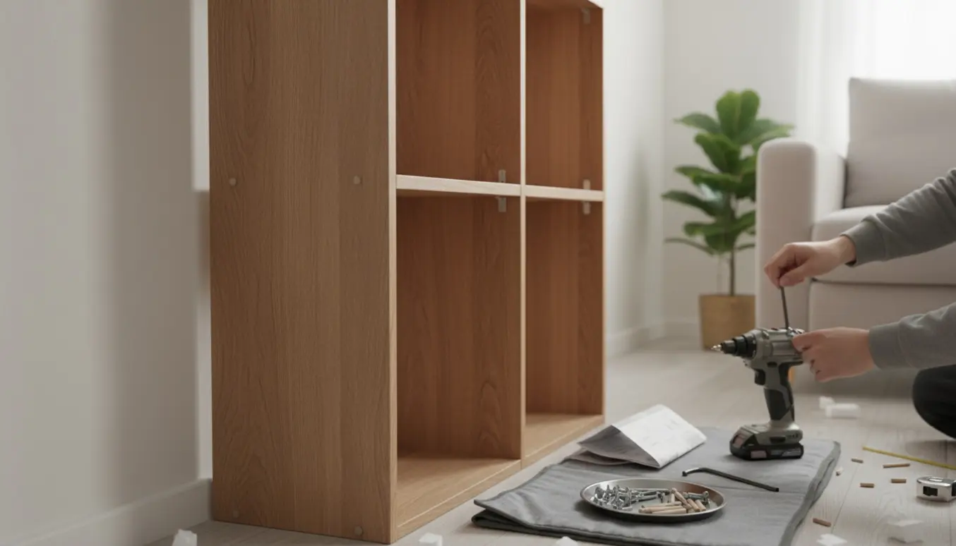 Delvist samlet reol mod neutral væg, hænder monterer hylder med værktøj og skruer.